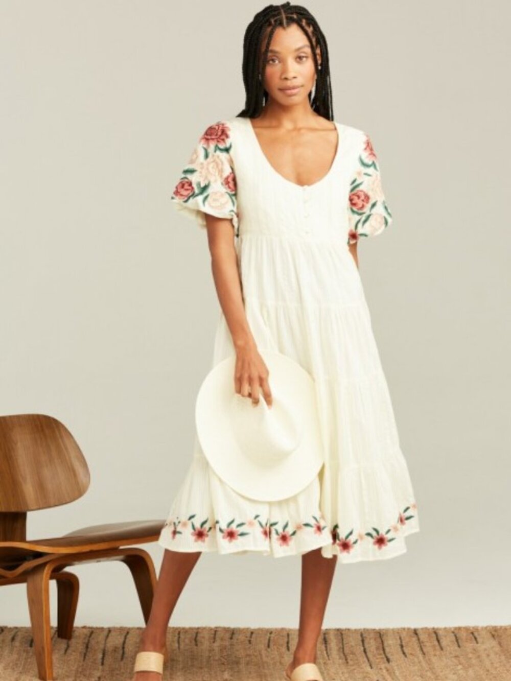 Roller Rabbit Cotton Embroidered Ivory Midi Dress NWOT- Size S